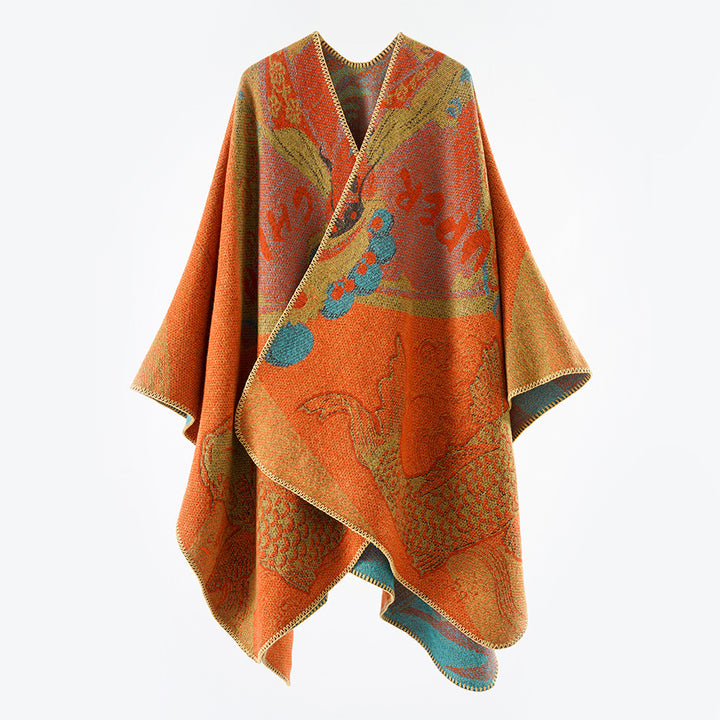 Women Jacquard Poncho with Fish Motif and Open Oversize Cut Mune Fashion