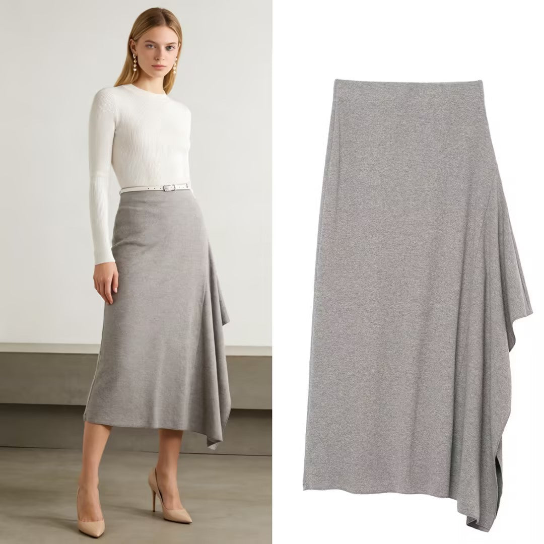 Women's Asymmetrical Midi Skirt made of Fine Knit with Draped Side Slit Mune Fashion