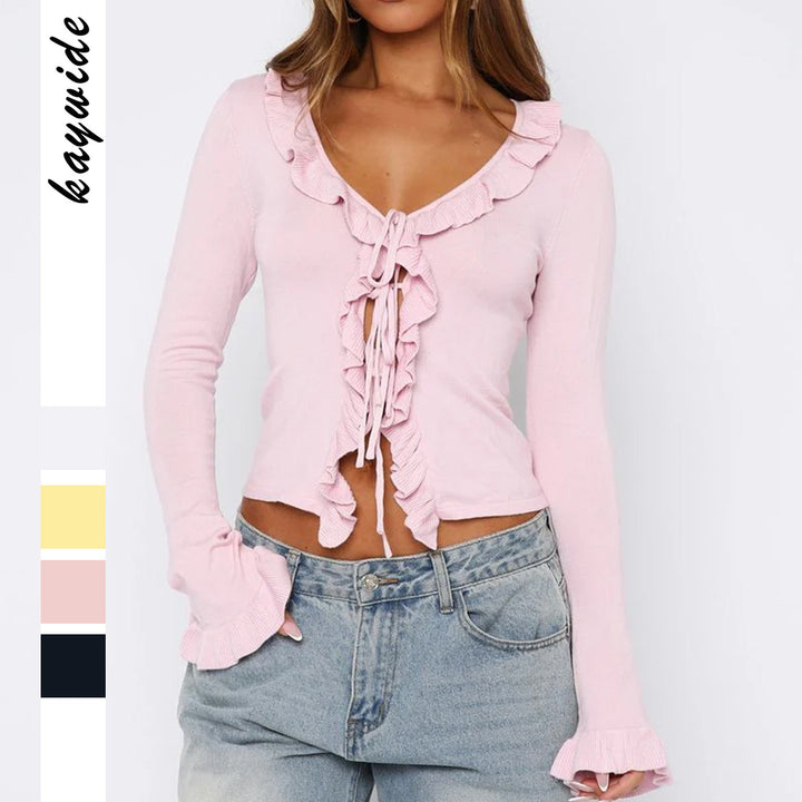 Women’s fitted ruffled fine knit cardigan with tie belt, V-neck and flounce sleeves Mune Fashion