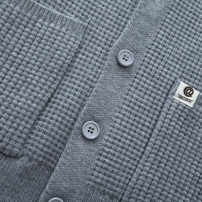 Men's Coarsely Structured Shirt Jacket - Knit Cardigan with Waffle Texture, Shirt Collar & Patch Pockets Mune Fashion