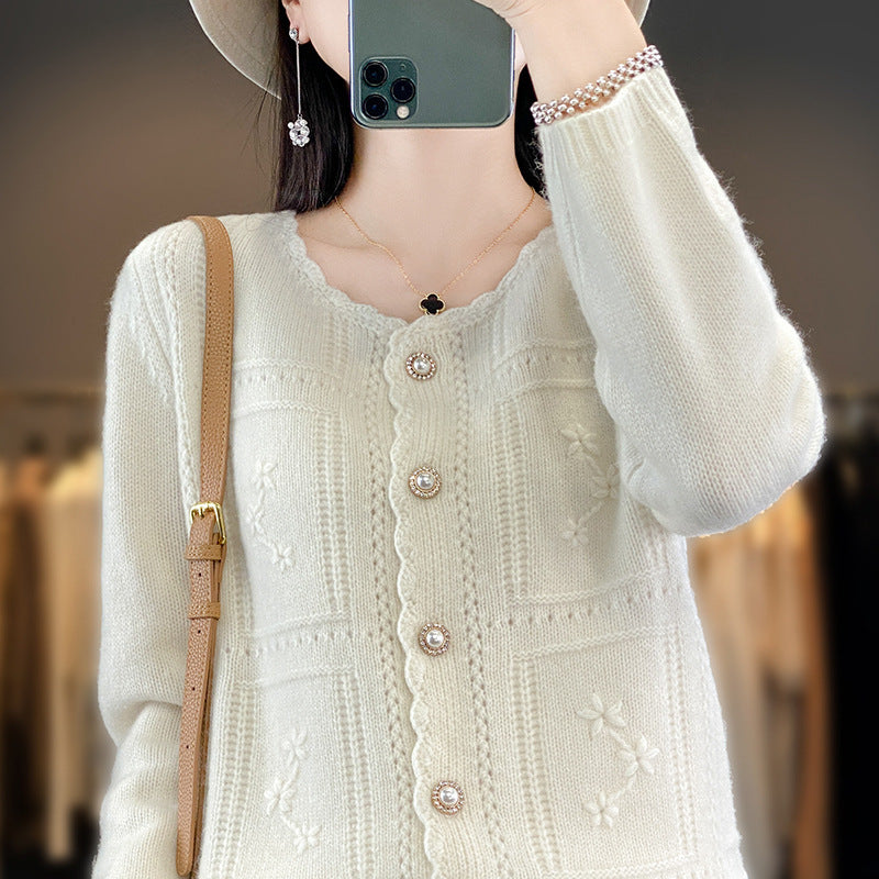 Ladies Embellished Knit Cardigan with Pearl Buttons and Openwork Embroidery Mune Fashion