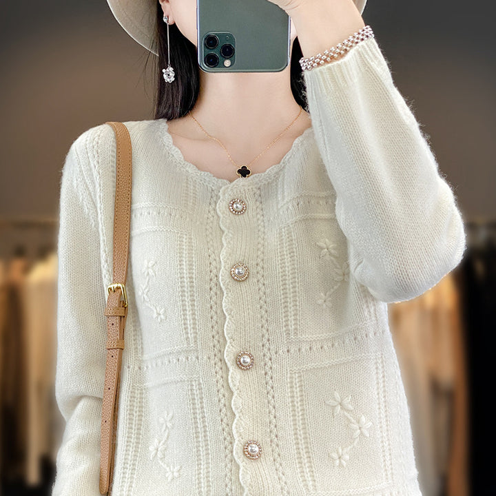 Ladies Embellished Knit Cardigan with Pearl Buttons and Openwork Embroidery Mune Fashion