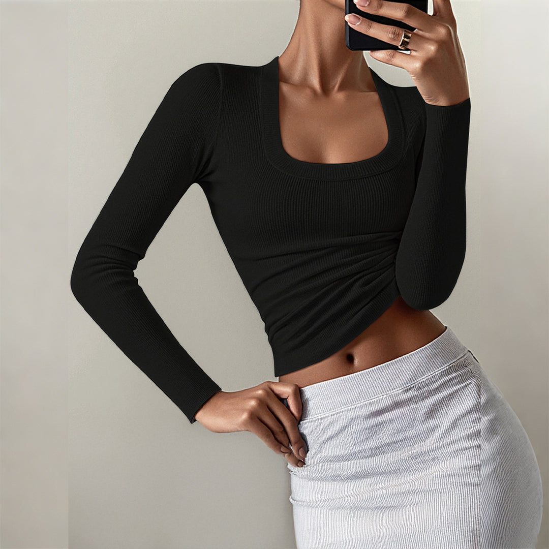 Women’s body-hugging ribbed long sleeve with deep square neckline Mune Fashion