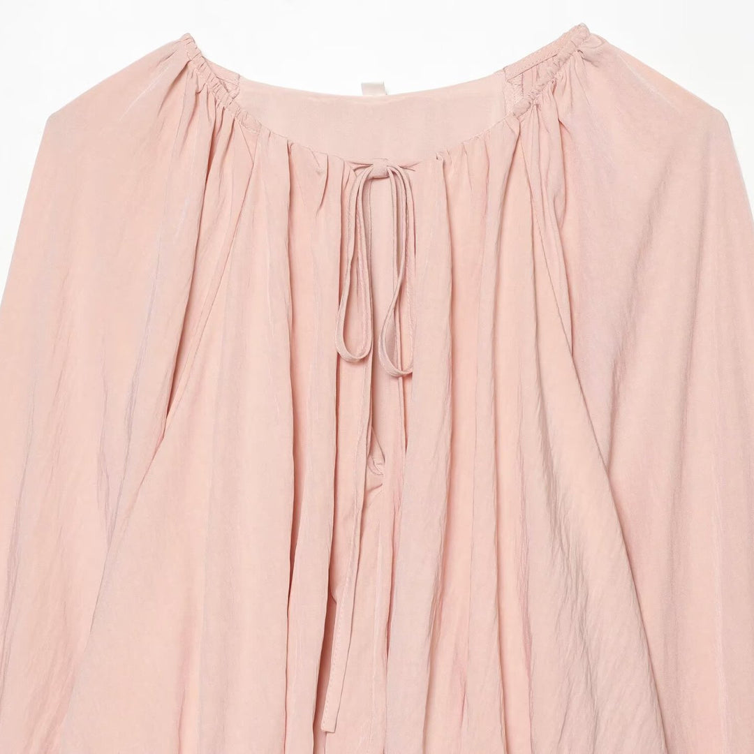 Women's Carmen Cropped Blouse with Drawstring Collar, Ruffled Hem and Balloon Sleeves Mune Fashion