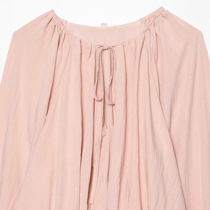 Women's Carmen Cropped Blouse with Drawstring Collar, Ruffled Hem and Balloon Sleeves Mune Fashion