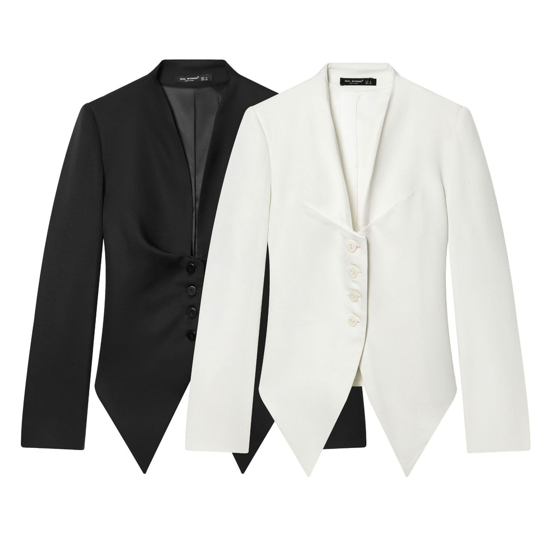 Women's tailored blazer with shawl collar, fitted button placket, and pointed asymmetrical hem Mune Fashion