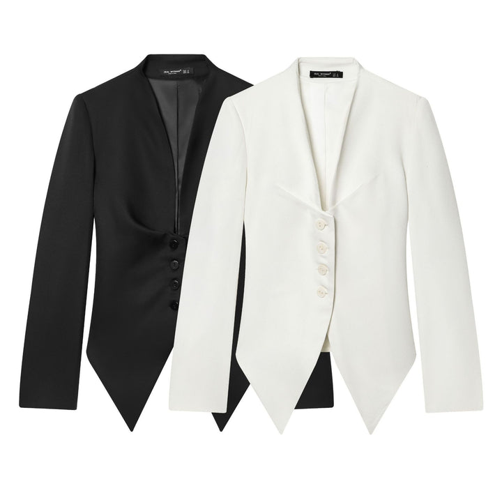Women's tailored blazer with shawl collar, fitted button placket, and pointed asymmetrical hem Mune Fashion