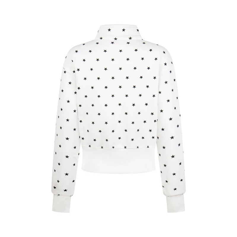 Women's Short Zipper Sweat Jacket with Stand-Up Collar, Allover Star Print and Statement Front Print Mune Fashion