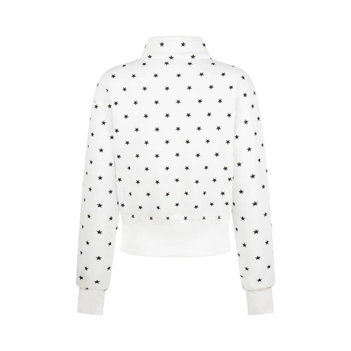 Women's Short Zipper Sweat Jacket with Stand-Up Collar, Allover Star Print and Statement Front Print Mune Fashion
