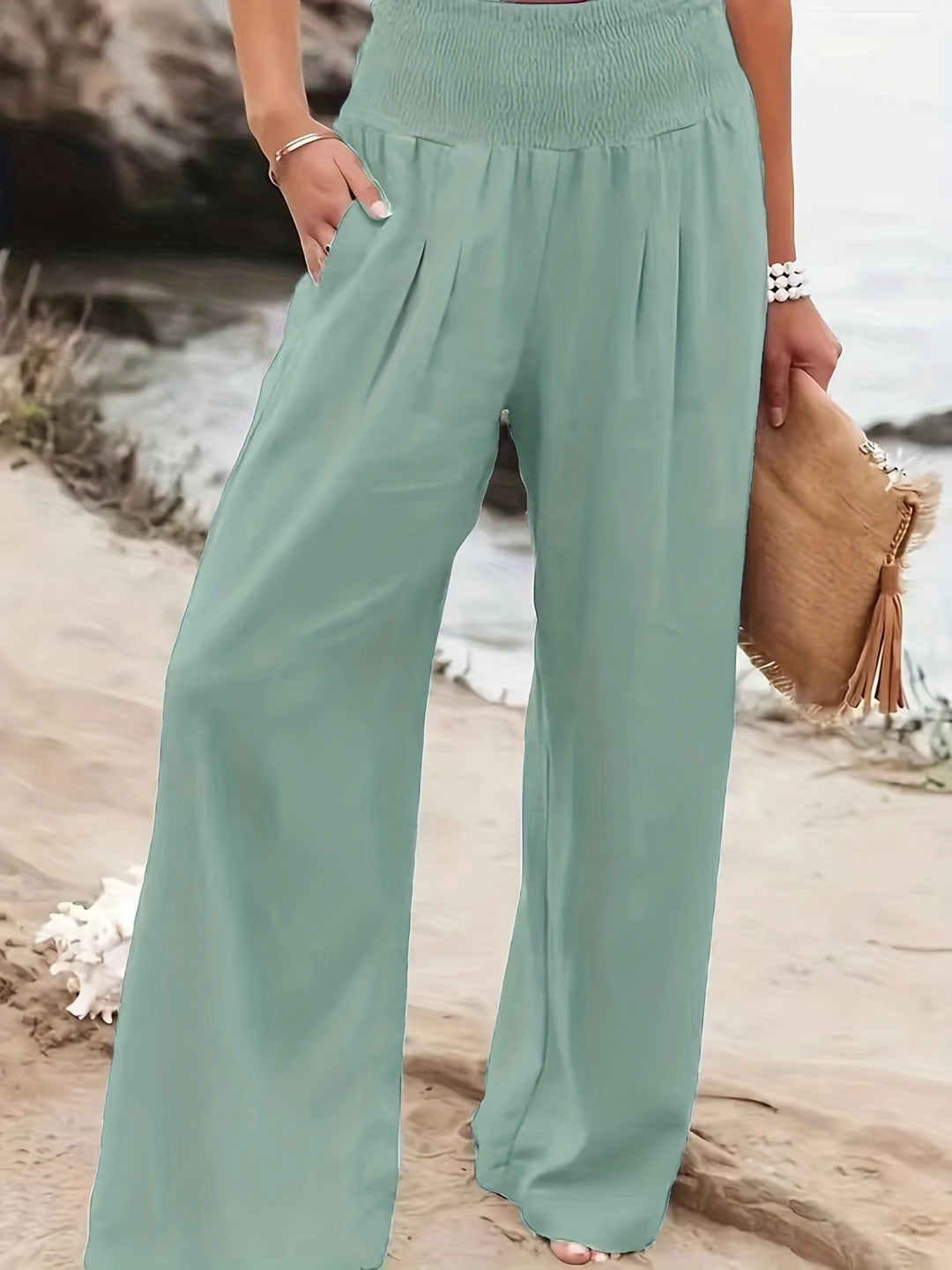 Women's Wide Linen Pants with Smocked Band and Side Pockets Mune Fashion