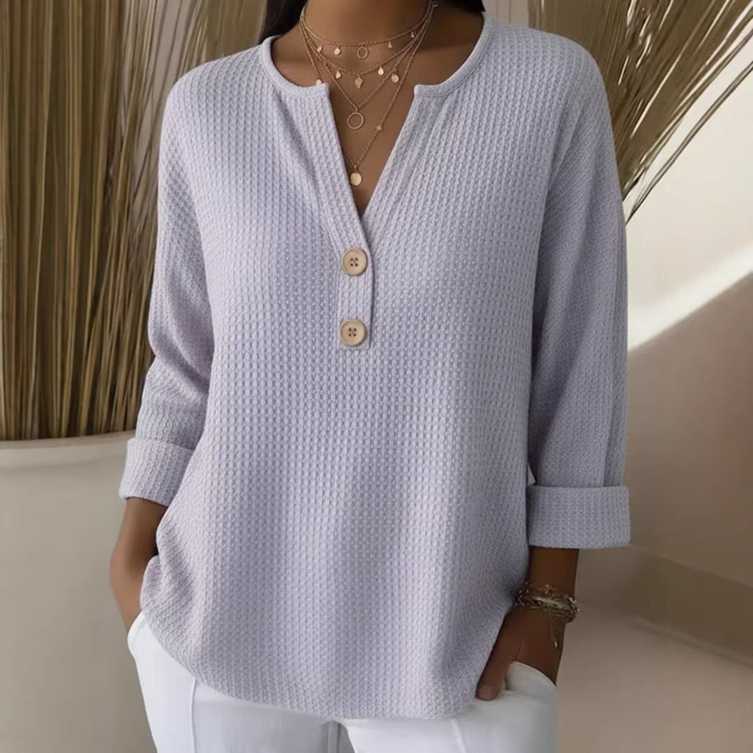 Women's waffle-knit henley shirt with wooden buttons and roll-up sleeves Mune Fashion