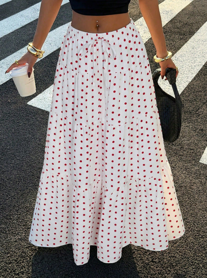 Women Striped Maxi Skirt with Elastic Waistband and Polka Dot Pattern Mune Fashion