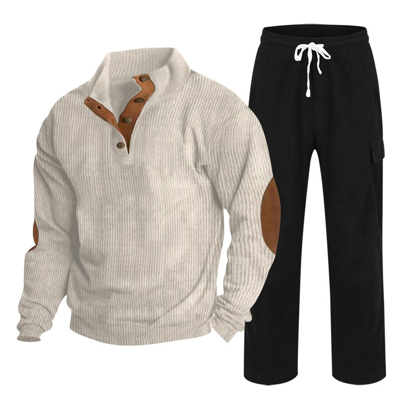 Men's Cozy Leisure Set made of Waffle Knit Henley with Elbow Patch and Relax Cargo Pants Mune Fashion