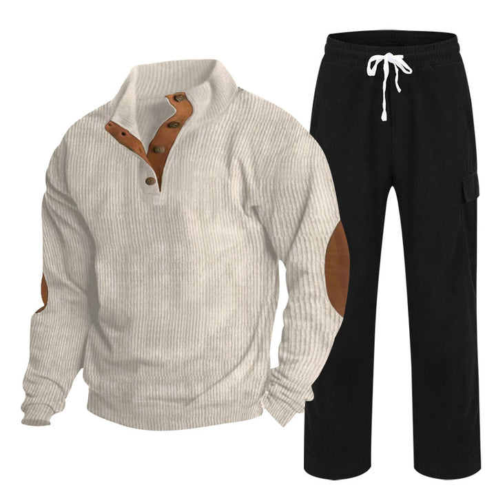 Men's Cozy Leisure Set made of Waffle Knit Henley with Elbow Patch and Relax Cargo Pants Mune Fashion