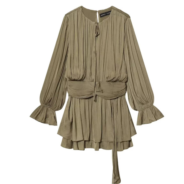 Women's Pleated Tie Blouson Mini Dress with Fitted Wrap Belt and Bell Sleeves Mune Fashion