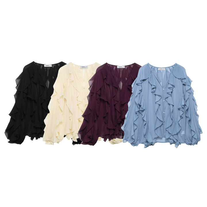 Women 200+ voluminous chiffon ruffle blouse with bat sleeves and button placket Mune Fashion