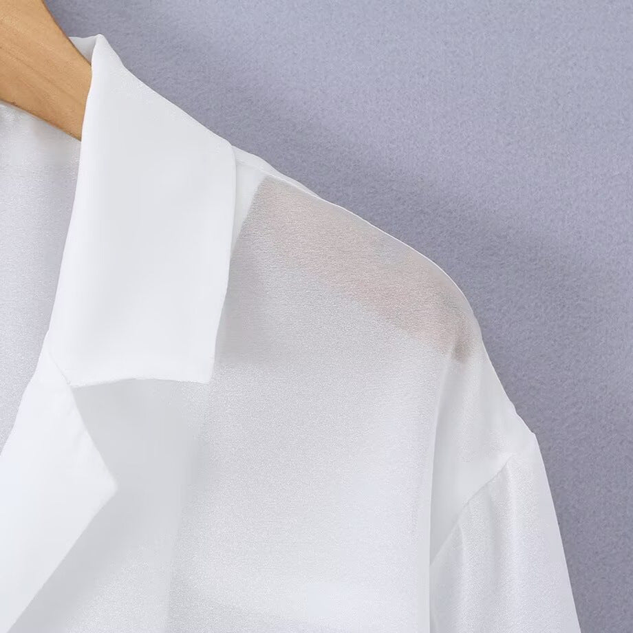 Women's Transparent Long Sleeve Blouse made of Chiffon with Notch Collar and Continuous Button Closure Mune Fashion