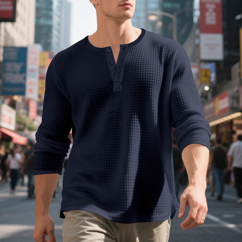 Men's Waffle Structure Henley Long Sleeve Shirt with Crew Neck, Multiple Button Placket and Relaxed Fit Mune Fashion