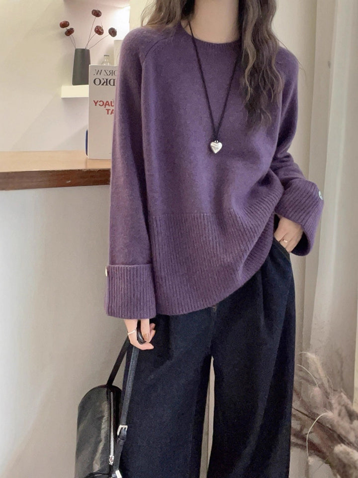 Women's Oversized Fine Knit Sweater with Wide Ribbed Hem, Extra Wide Sleeve Cuffs and Decorative Button Mune Fashion