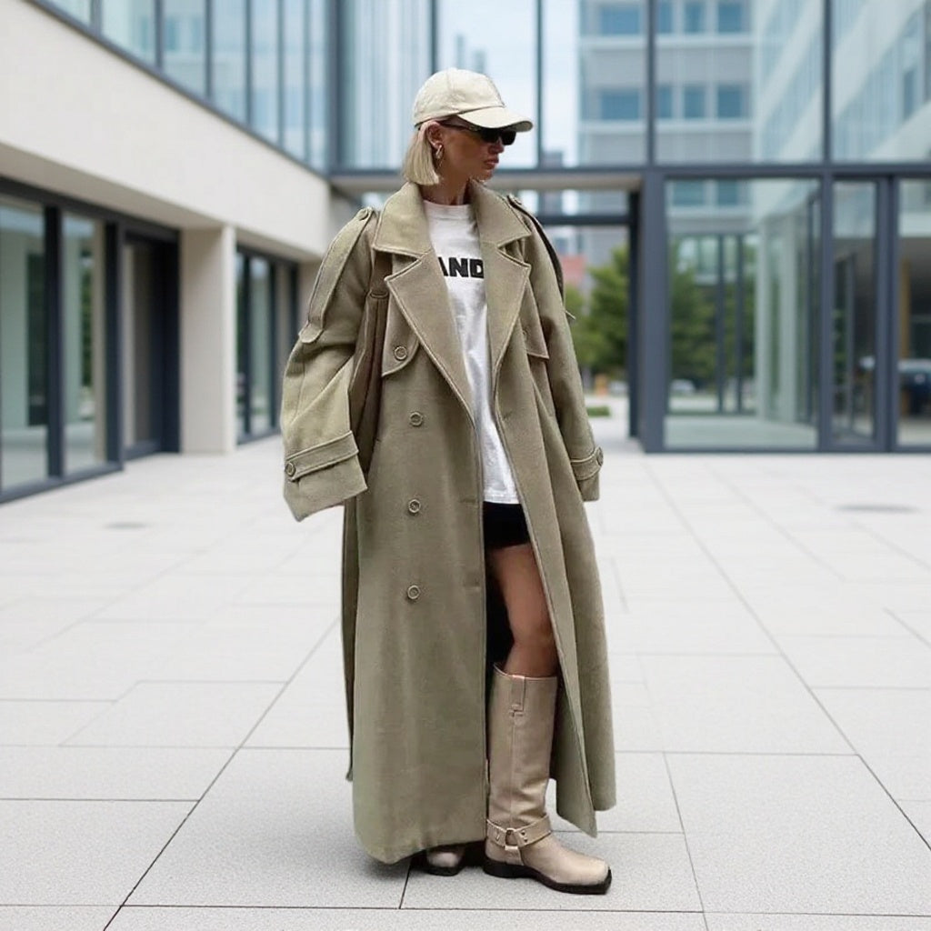 Women's Oversize Long Coat in Trench Coat Style with Double-Breasted Button Placket and Shoulder Epaulettes Mune Fashion
