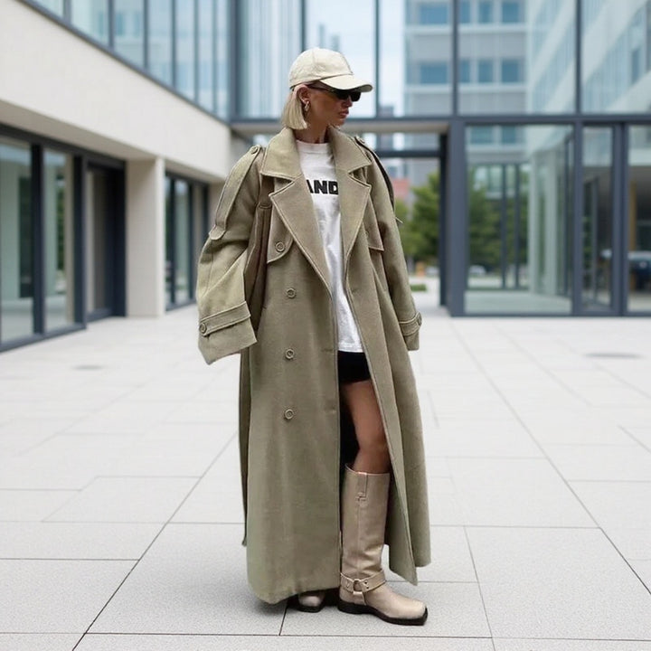 Women's Oversize Long Coat in Trench Coat Style with Double-Breasted Button Placket and Shoulder Epaulettes Mune Fashion