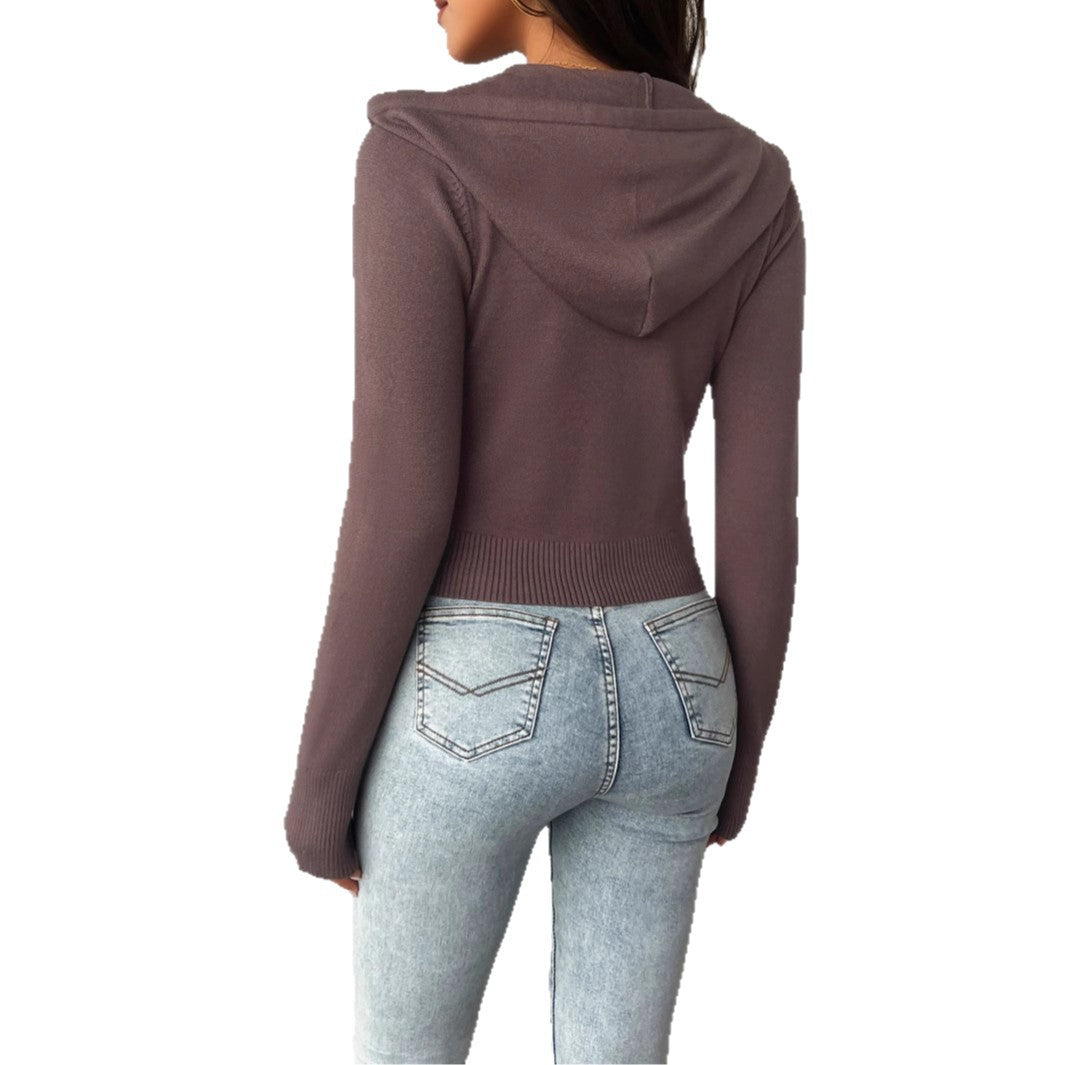 Women's tailored hooded cardigan with full zip, cropped cut, and ribbed hem Mune Fashion