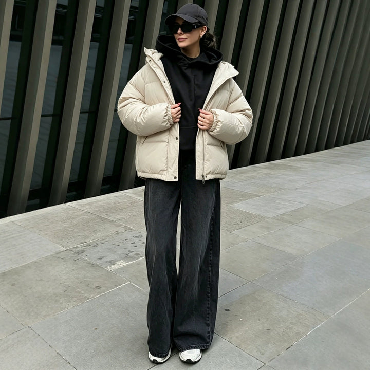 Women's Oversized Quilted Coat with Hood, Snap Button Closure and Elastic Hem Mune Fashion