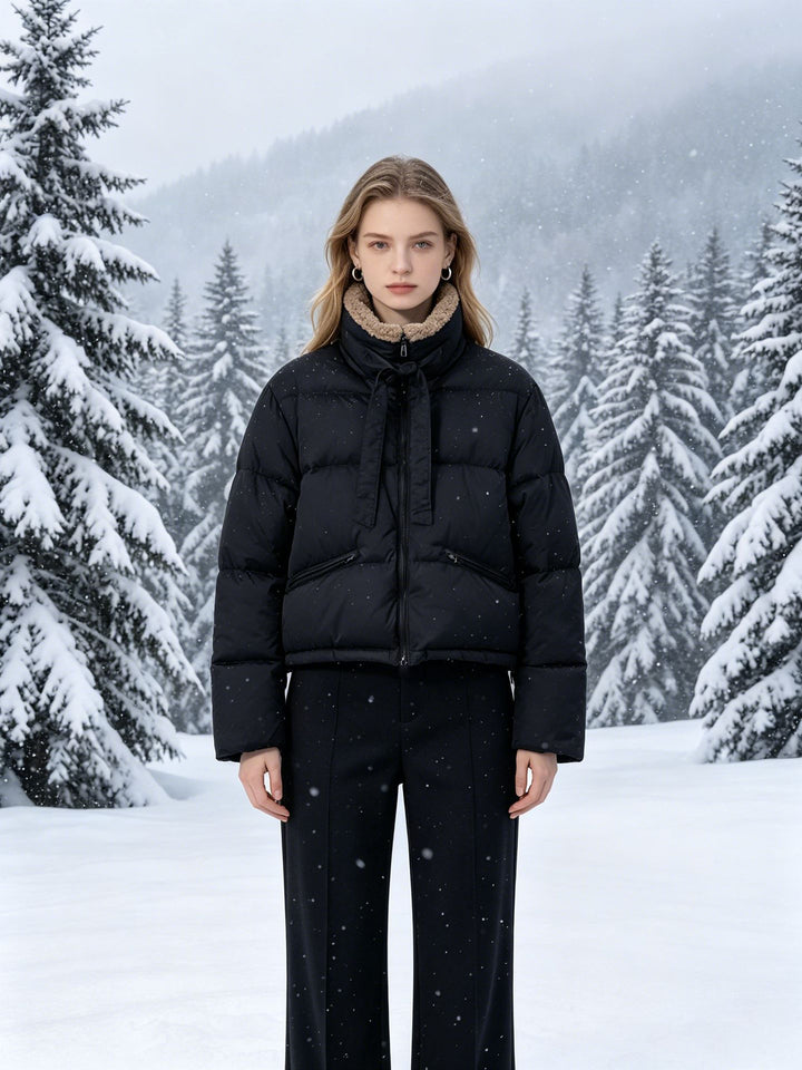 Women's cropped padded jacket with Sherpa collar, high-fitted stand-up collar and concealed zipper Mune Fashion