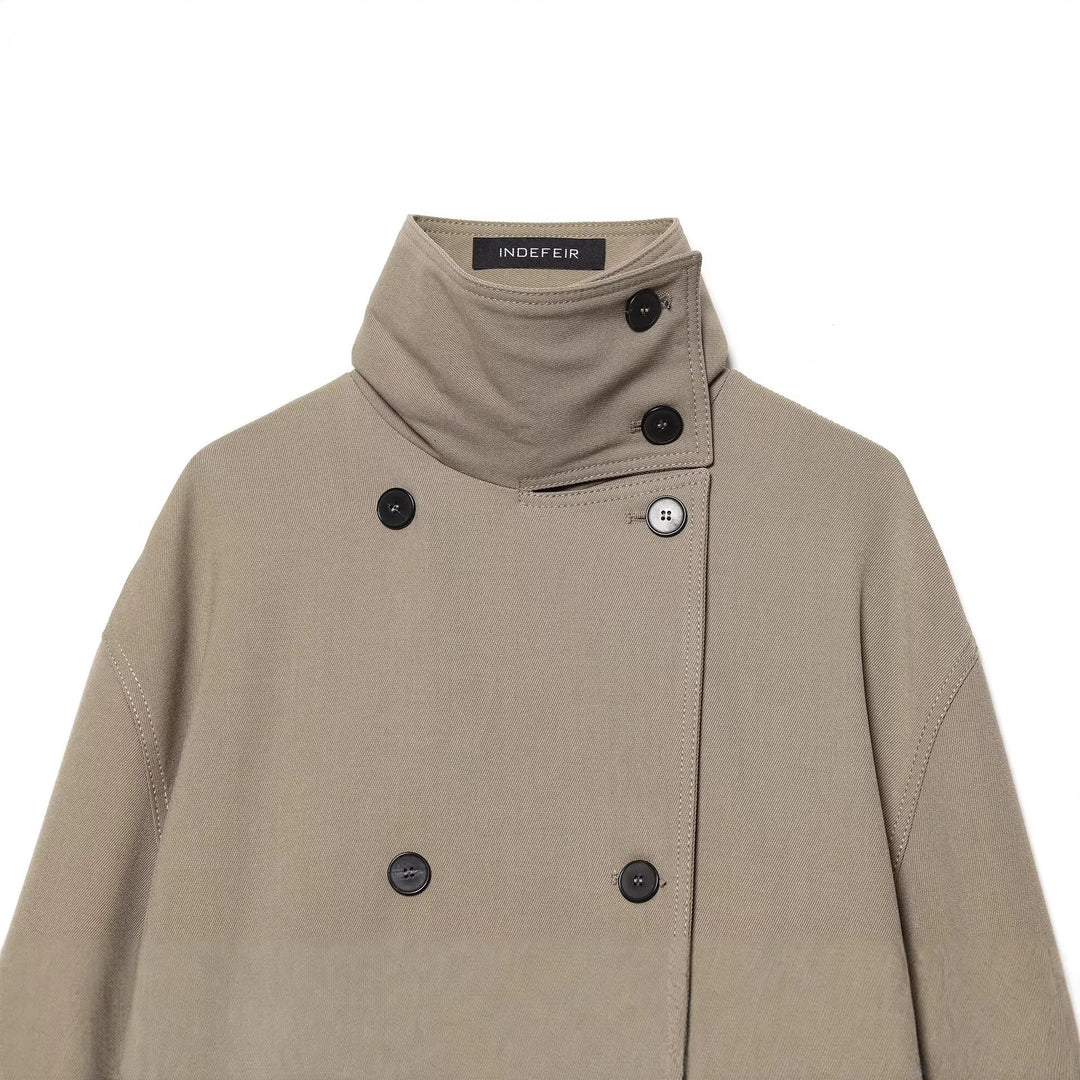 Women Short Trench Coat with High Stand Collar, Double-Breasted Button Placket and Waist Belt Mune Fashion