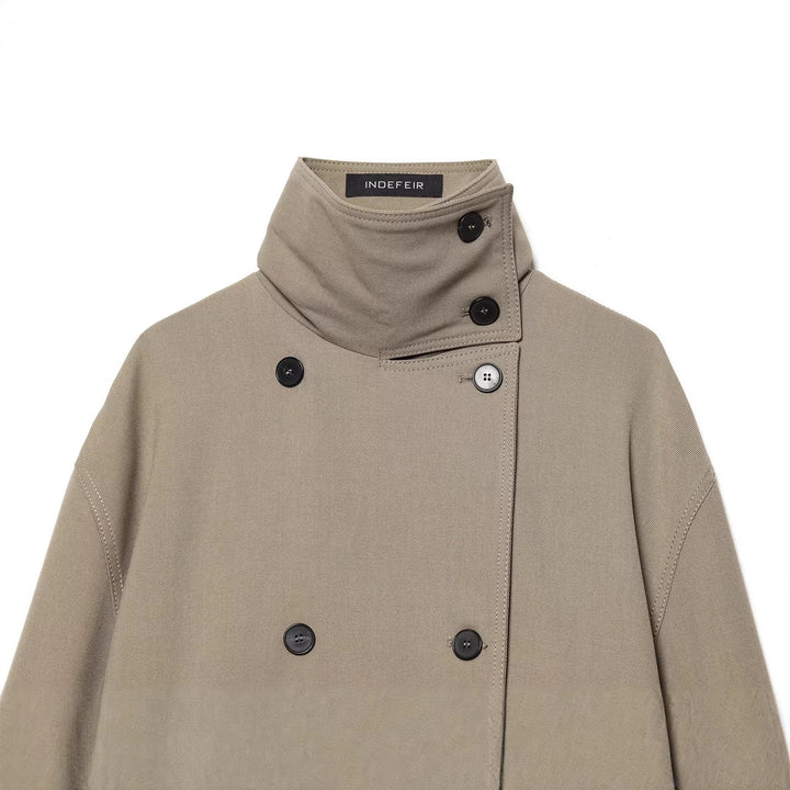 Women Short Trench Coat with High Stand Collar, Double-Breasted Button Placket and Waist Belt Mune Fashion