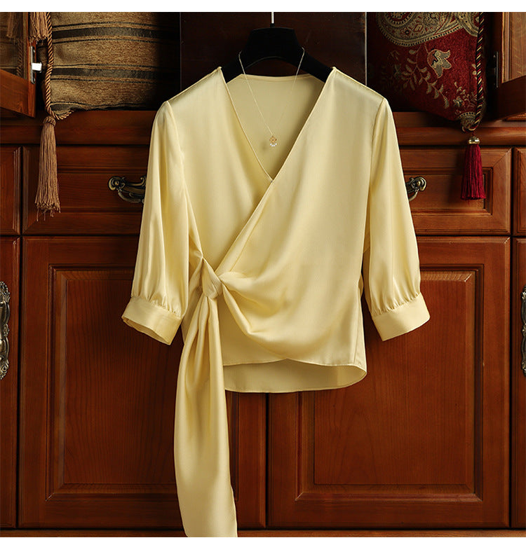 Women Elegant Wrap Blouse with Waistband Mune Fashion