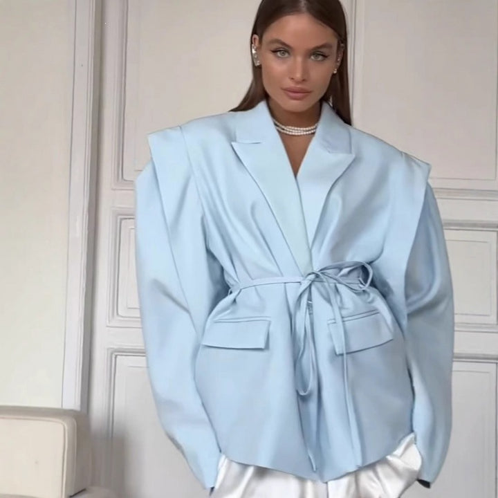 Women Tailored Blazer with Delicate Tie Waist, Emphasized Shoulder Area and Flap Pockets Mune Fashion