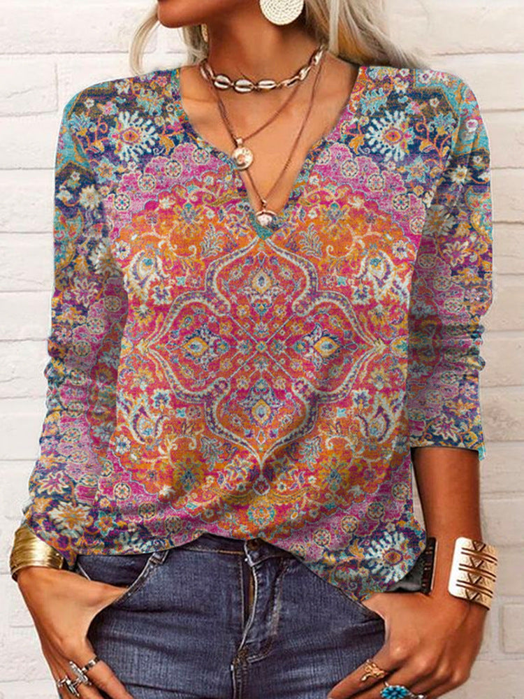 Women's Boho Print V Neck Tunic Shirt Mune Fashion