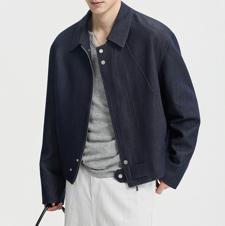 Men's Boxy Denim Jacket in Minimal Style with Shirt Collar and Concealed Snap Placket Mune Fashion