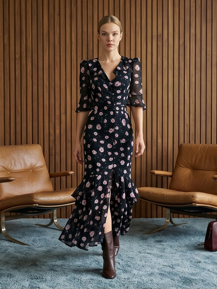 Women Tailored Chiffon Midi Dress with V-Neck, Three-Quarter Sleeves and Tiered Ruffles