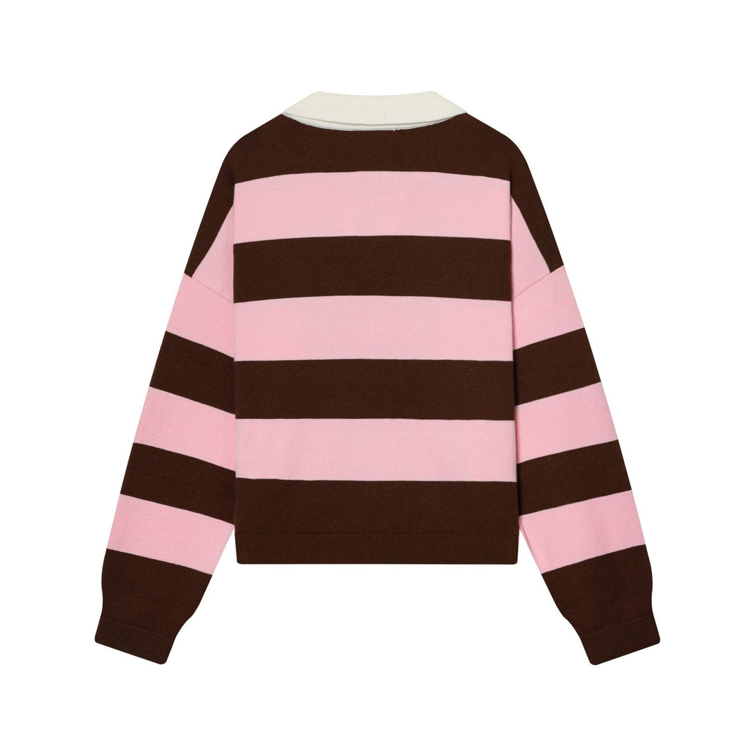 Women’s striped rugby pullover with polo collar and deep V-slit Mune Fashion