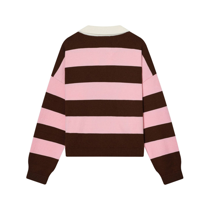 Women’s striped rugby pullover with polo collar and deep V-slit Mune Fashion