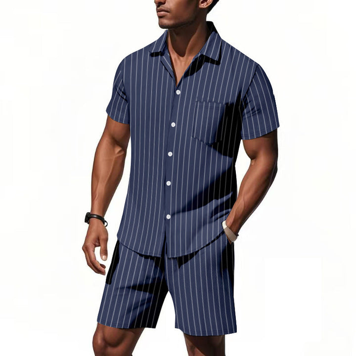 Men's Short Sleeve Pajama Set with Subtle Striped Pattern and Practical Chest Pocket Mune Fashion