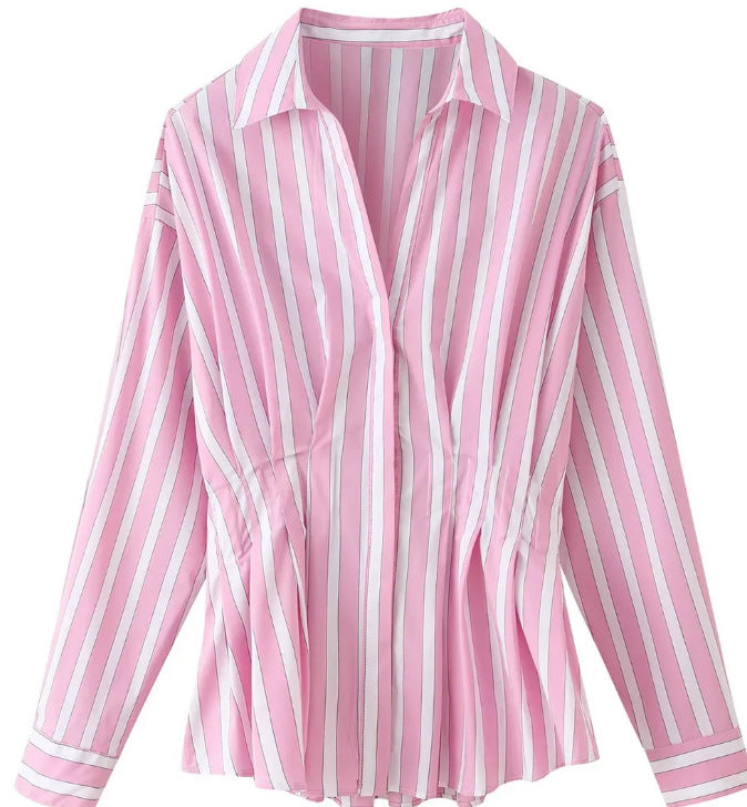 Women tailored blouse with tuck pleats and shirt collar Mune Fashion