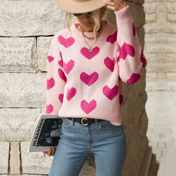 Women's Patterned Knit Sweater with Heart Designs Mune Fashion
