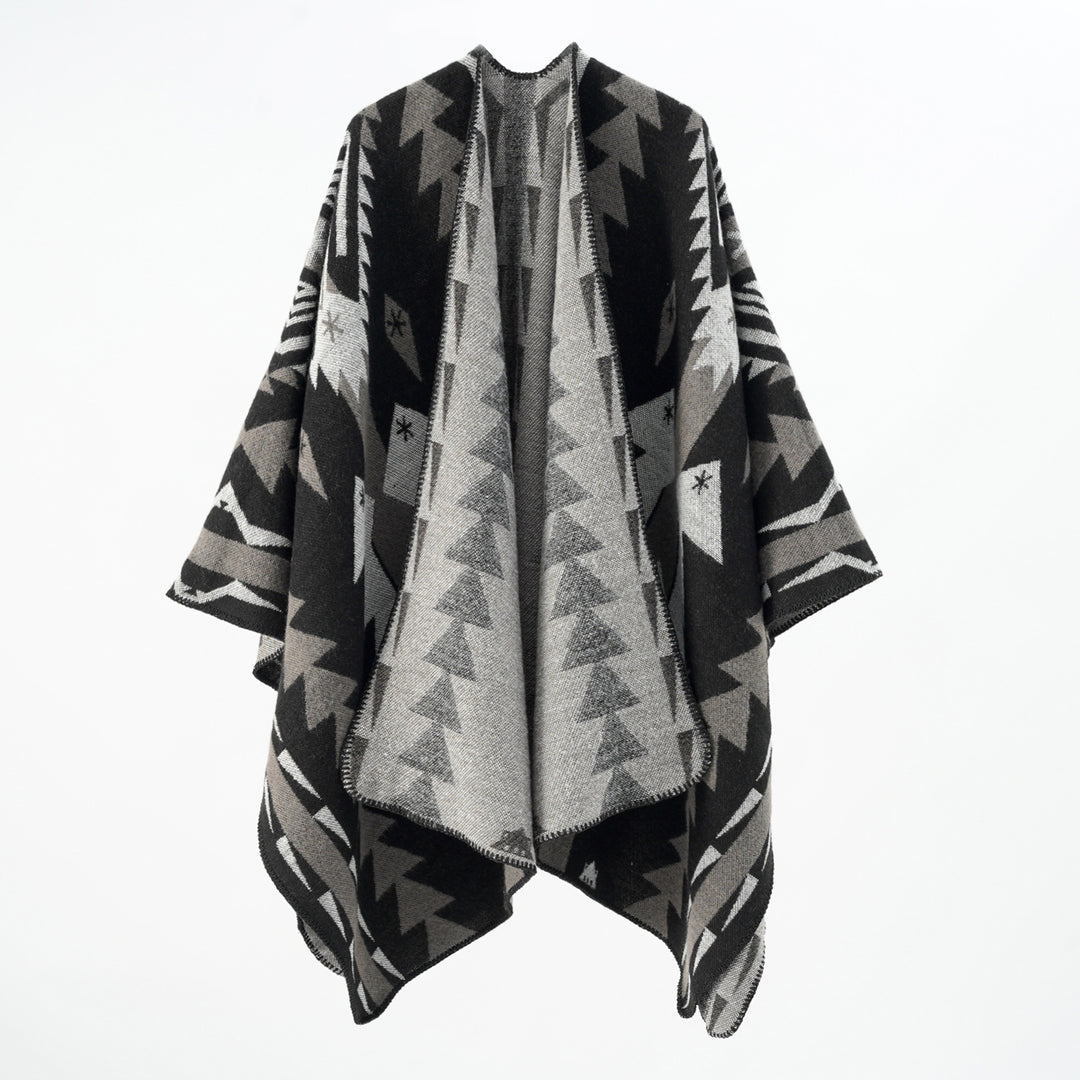 Women's wool blend cape with graphic ethnic pattern and decorative overlock seam Mune Fashion