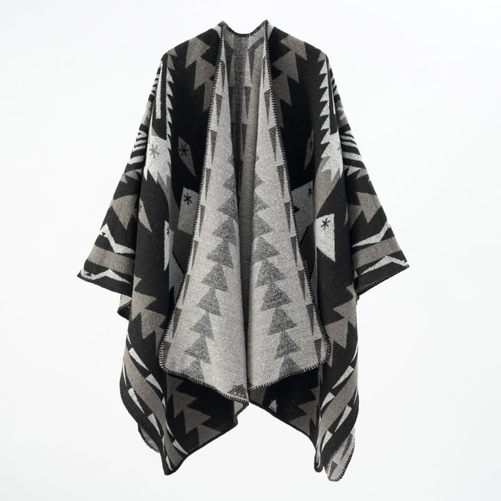 Women's wool blend cape with graphic ethnic pattern and decorative overlock seam Mune Fashion