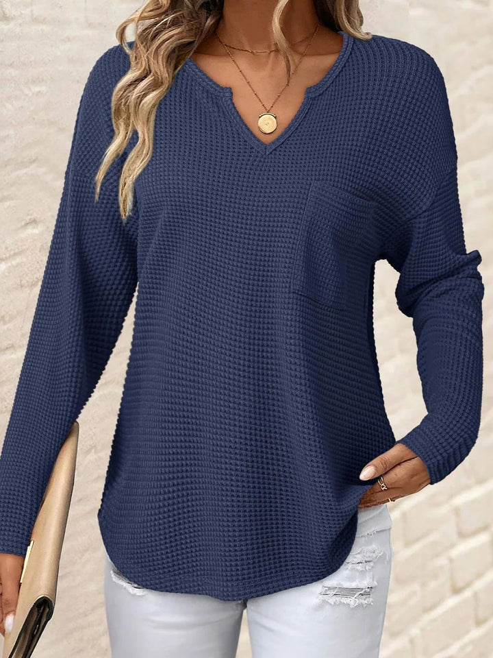 Ladies waffle knit long sleeve with V-notch, chest pocket and casual oversized fit Drune