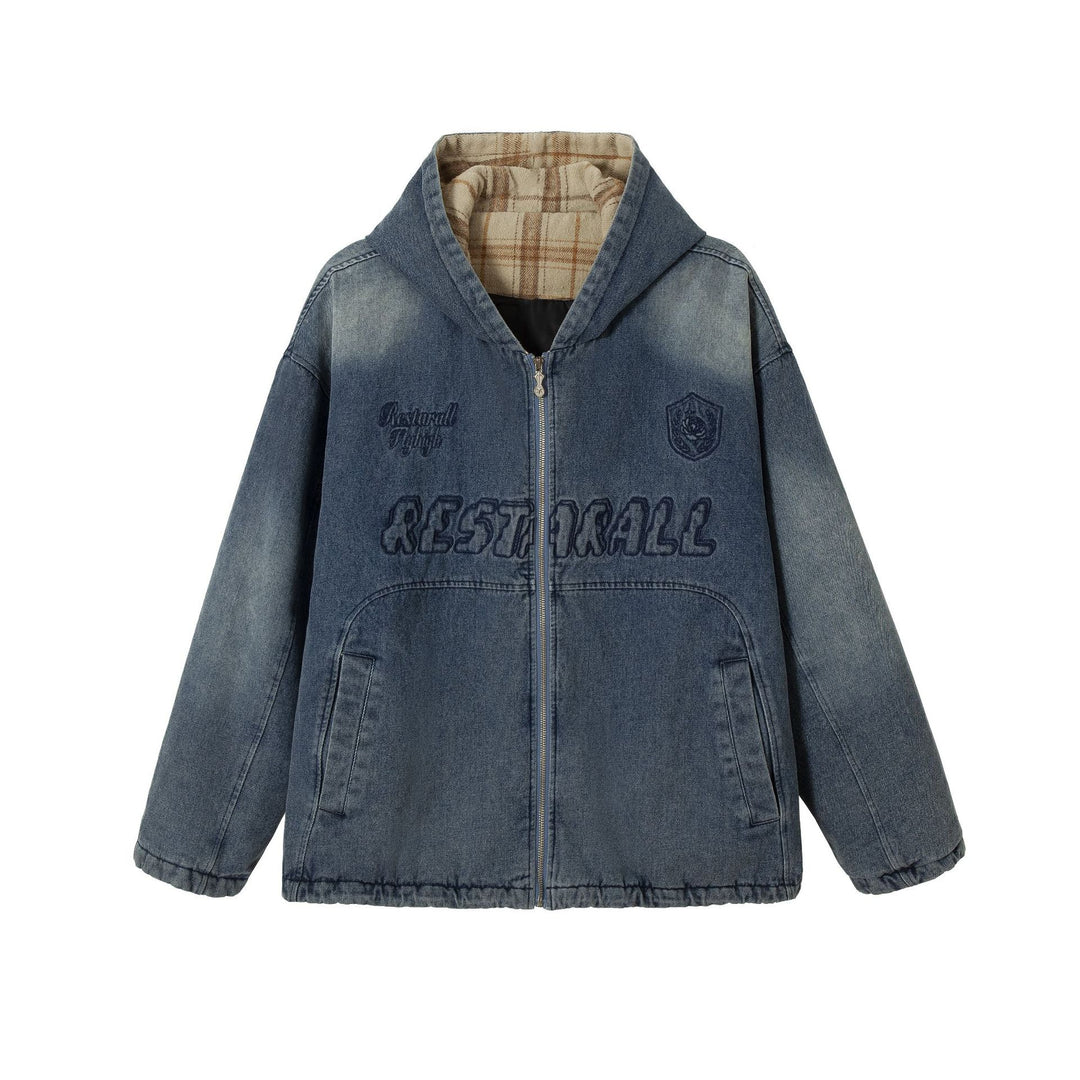 Men's Washed-Denim Hoodie in Oversized Look with Checked Lined Hood Mune Fashion
