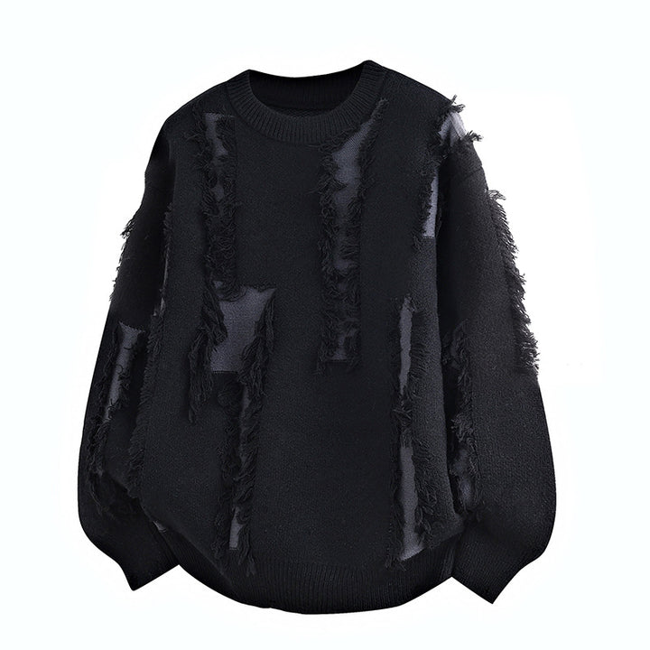 Men's Oversized Knit Sweater with Fringe Applications and Balloon Sleeves Mune Fashion