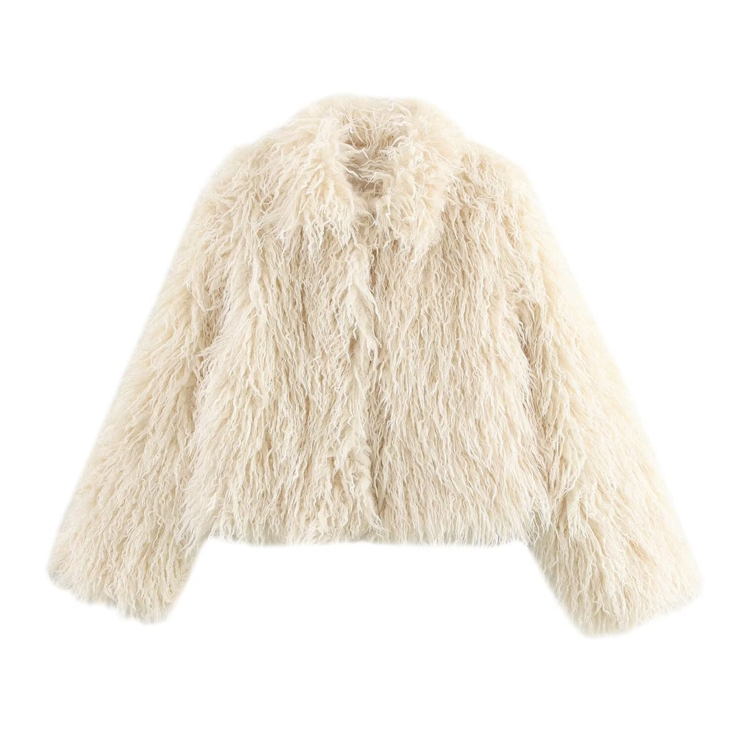 Women short cut boxy faux fur coat with shawl collar Mune Fashion