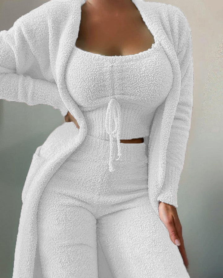 Women's luxurious teddy fleece lounge set with long cardigan, gathered cropped bustier and high waist pants Mune Fashion