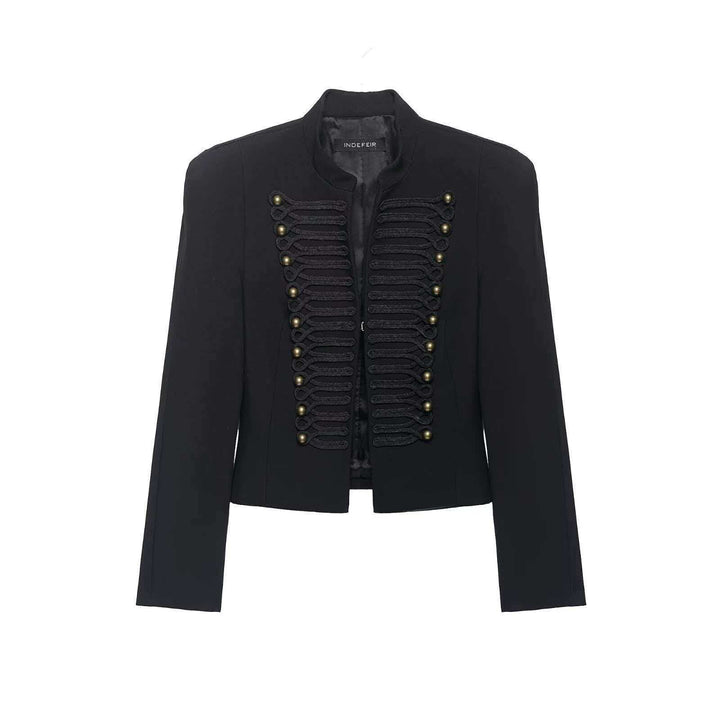 Ladies short jacket inspired by military with stand-up collar and decorative cords Mune Fashion