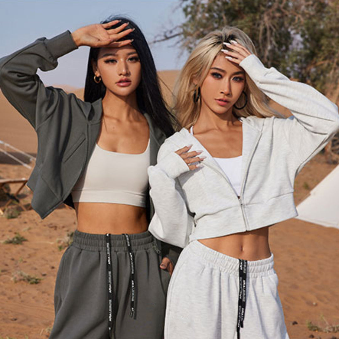 Women's Two-Piece Cropped Zipper Hoodie with Elastic High-Waist Jogging Pants Mune Fashion