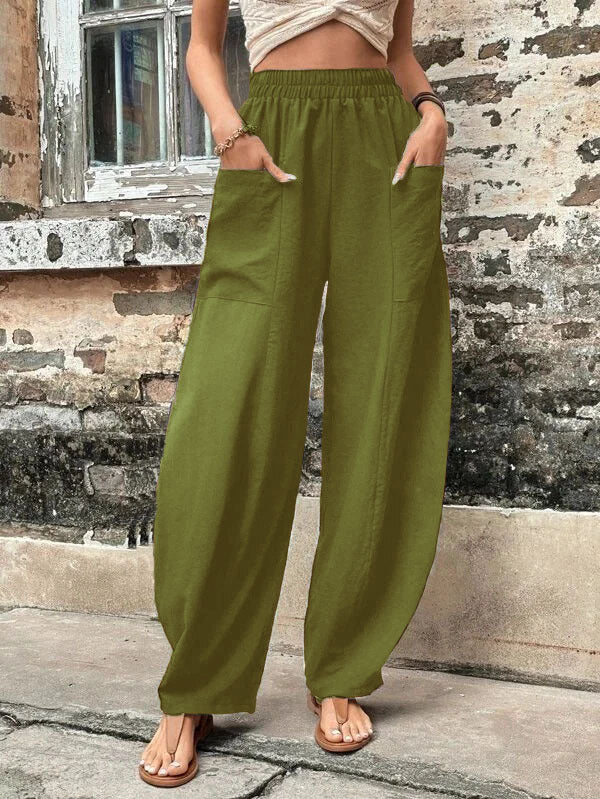 Women Wide Linen Trousers with Elastic Waistband, Patch Pockets and Casual Harem Cut Mune Fashion